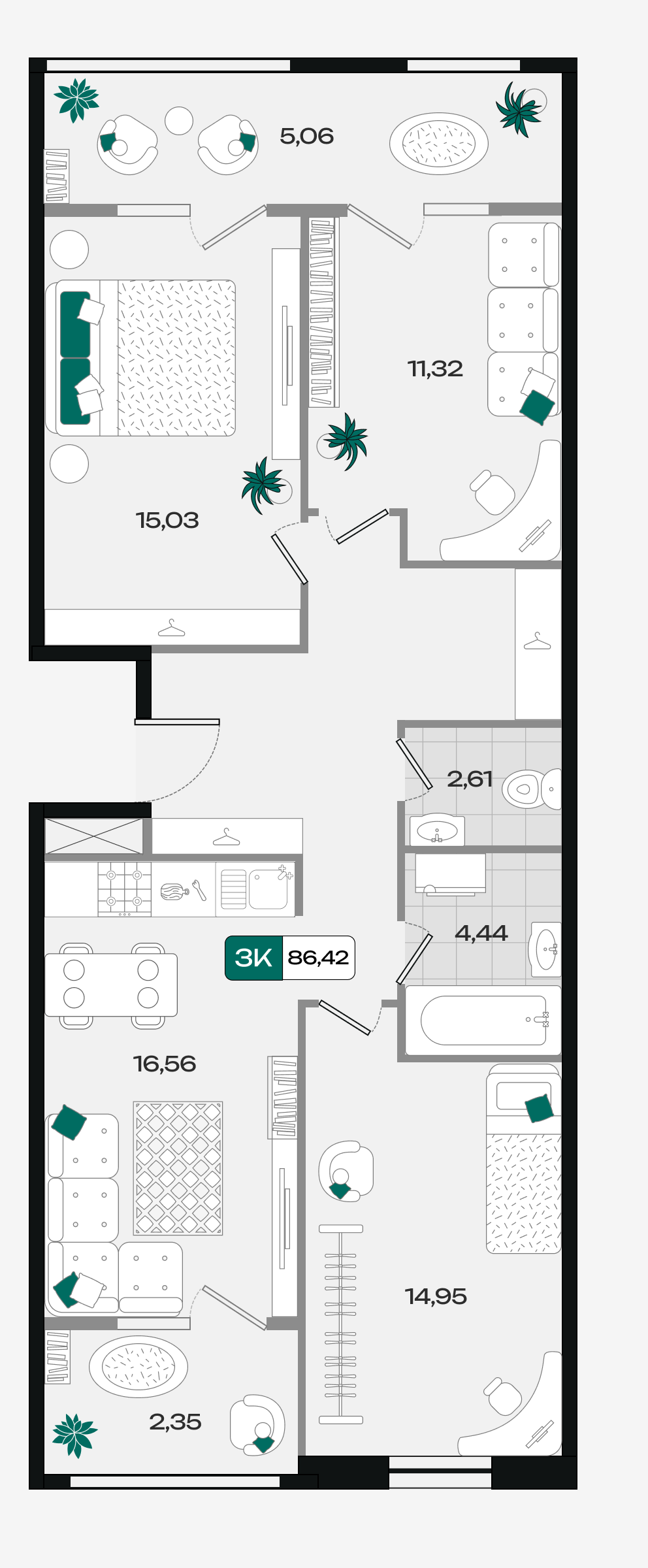 Планировка: 3-комн. квартира 86,4 м²