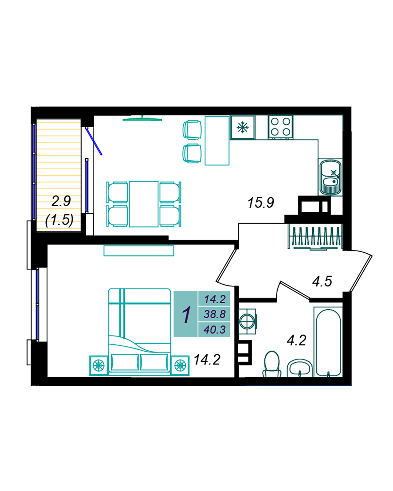 Планировка: 1-комн. квартира 40,3 м²