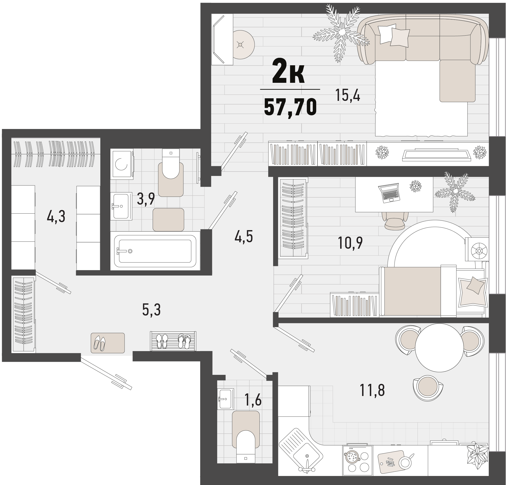 Планировка 2-комнатная 57,7 м²