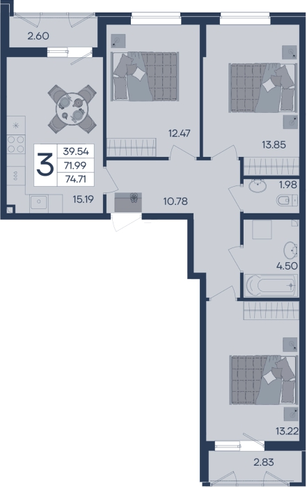 Планировка: 3-комн. квартира 74,7 м²