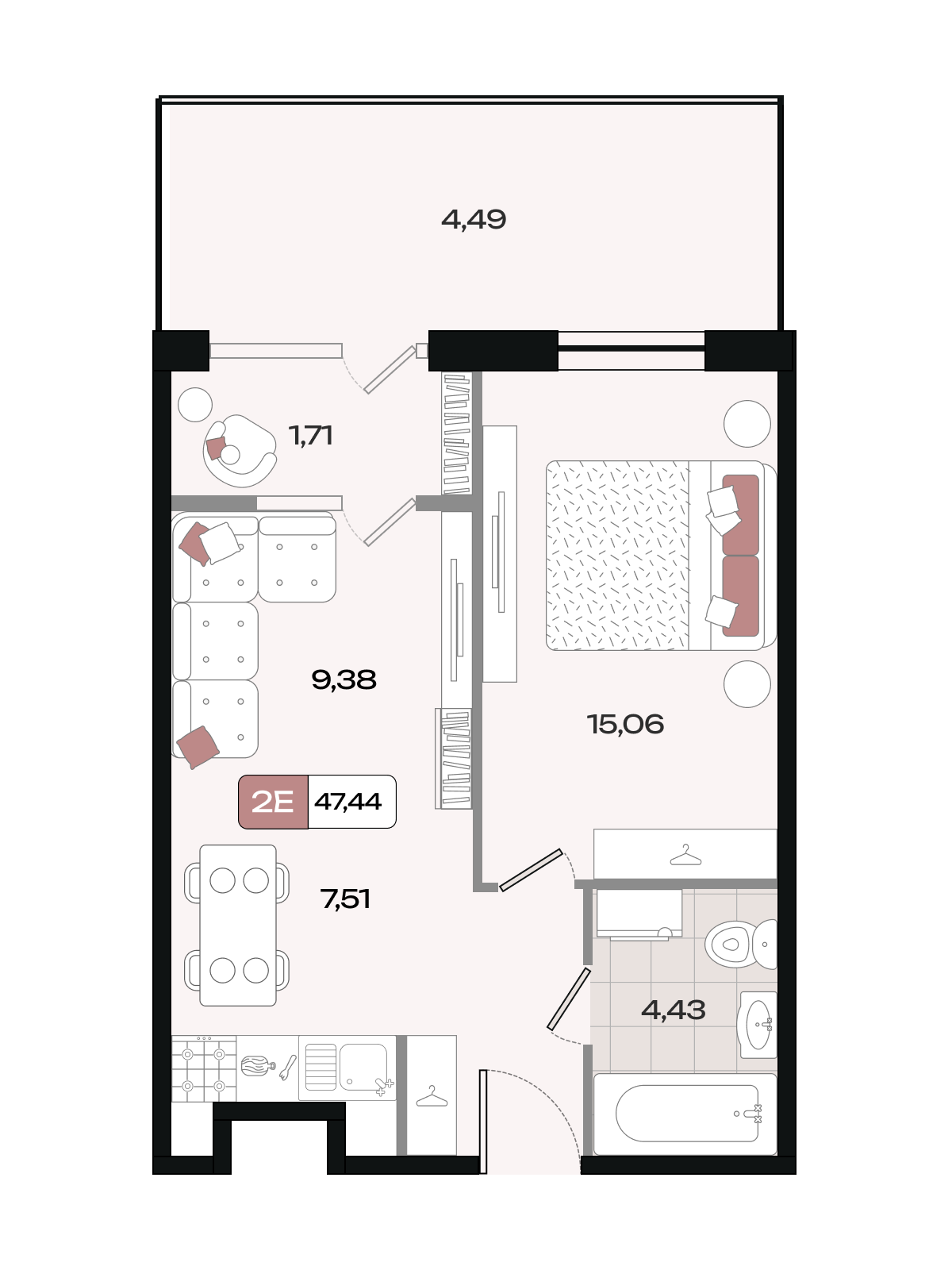 Планировка 2-комнатная 47,44 м²
