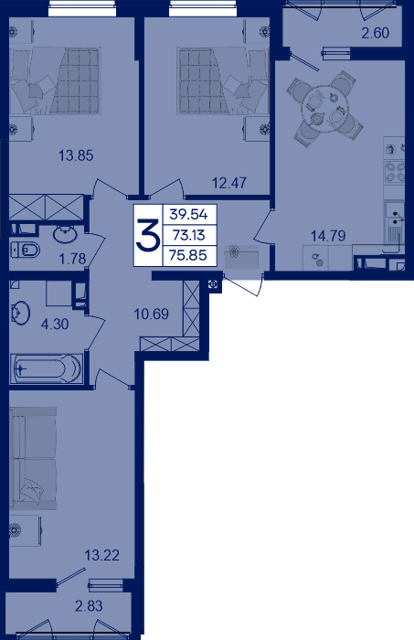 Планировка: 3-комн. квартира 75,9 м²