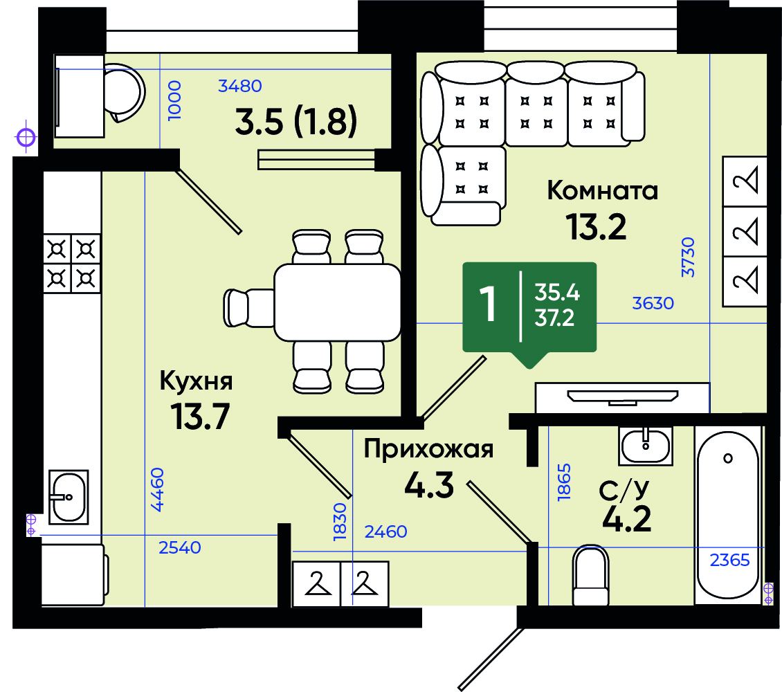 Планировка: 1-комн. квартира 37,8 м²