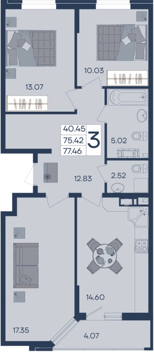 Планировка: 3-комн. квартира 77,5 м²