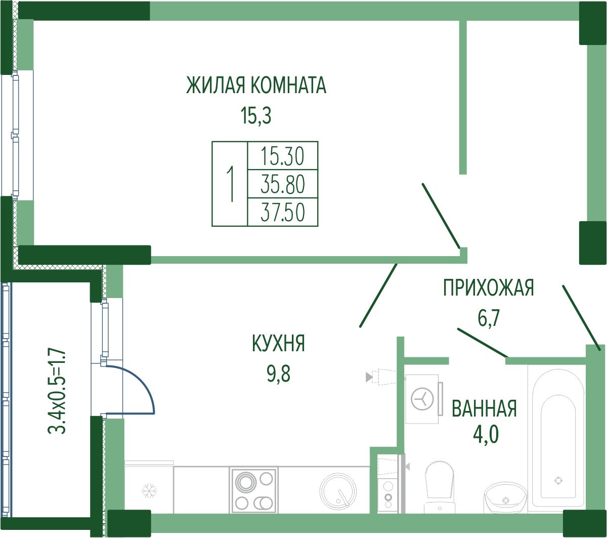 Планировка: 1-комн. квартира 38,7 м²