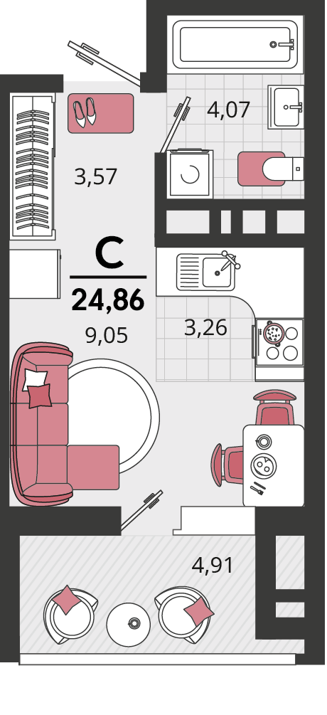 Планировка Студия 24,86 м²