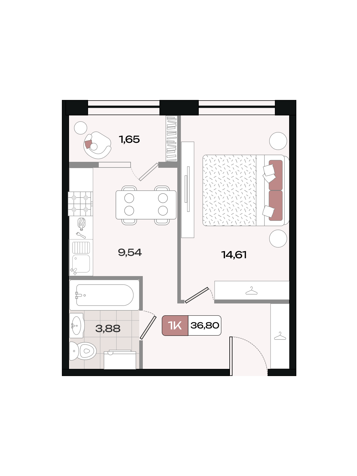 Планировка: 1-комн. квартира 36,8 м²