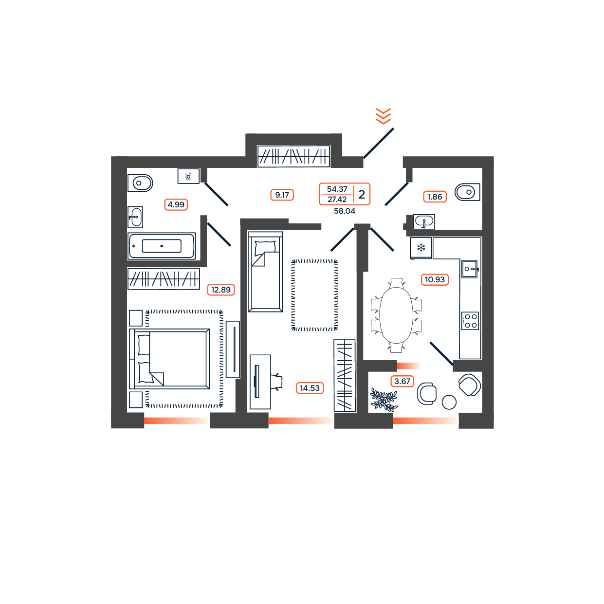Планировка: 2-комн. квартира 58 м²