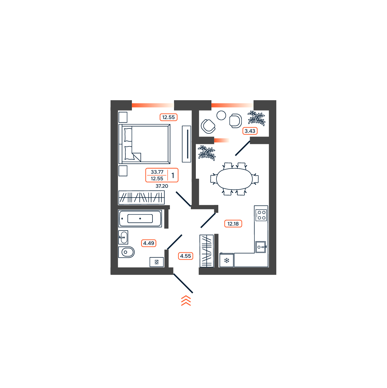 Планировка: 1-комн. квартира 37,2 м²