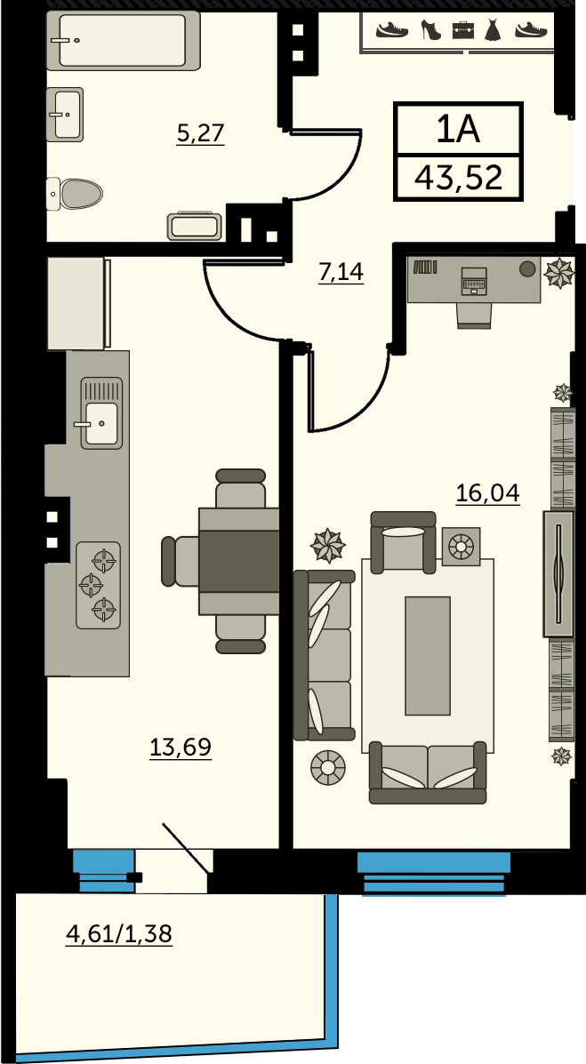 Планировка 1-комнатная 43 м²