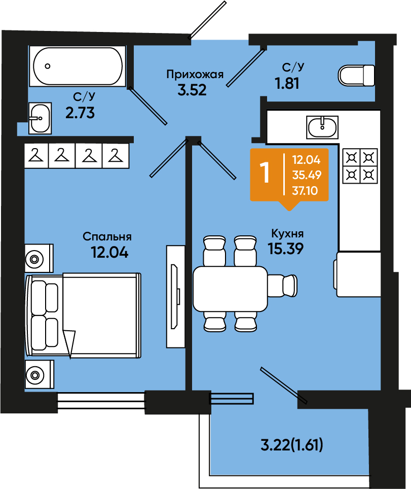 Планировка: 1-комн. квартира 36,4 м²