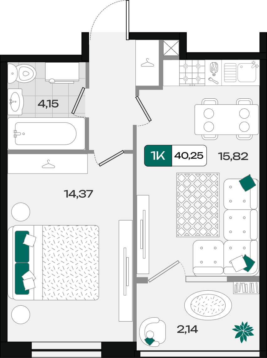 Планировка: 1-комн. квартира 40,3 м²