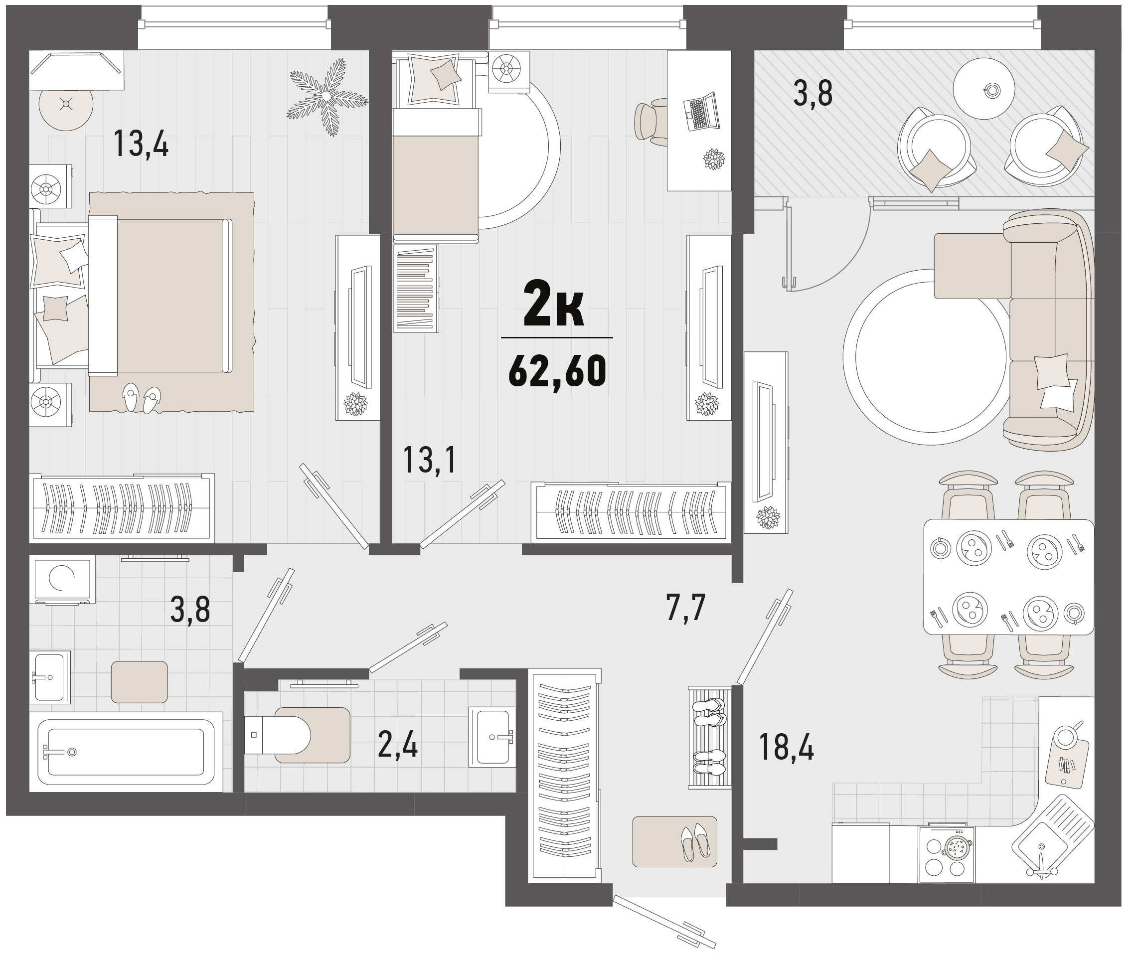 Планировка 2-комнатная 62,6 м²