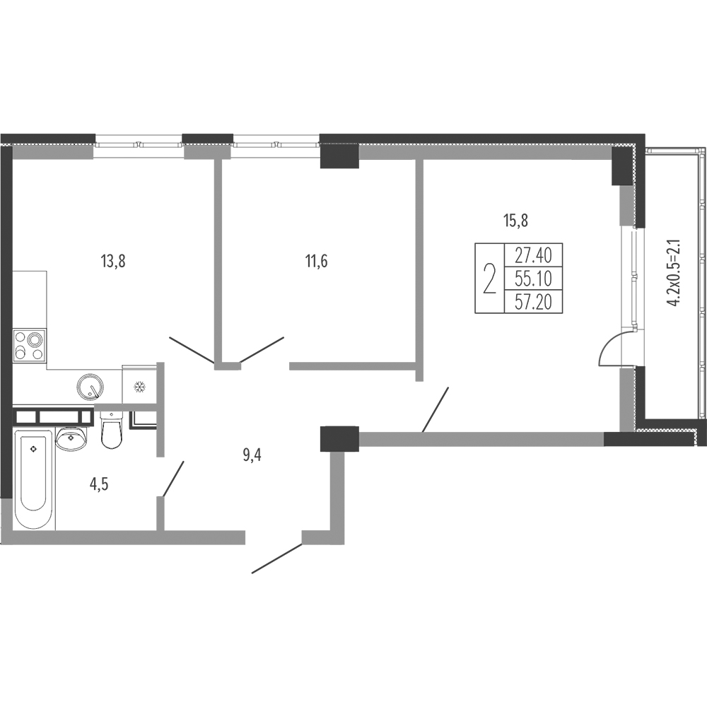 Планировка 2-комнатная 59,1 м²