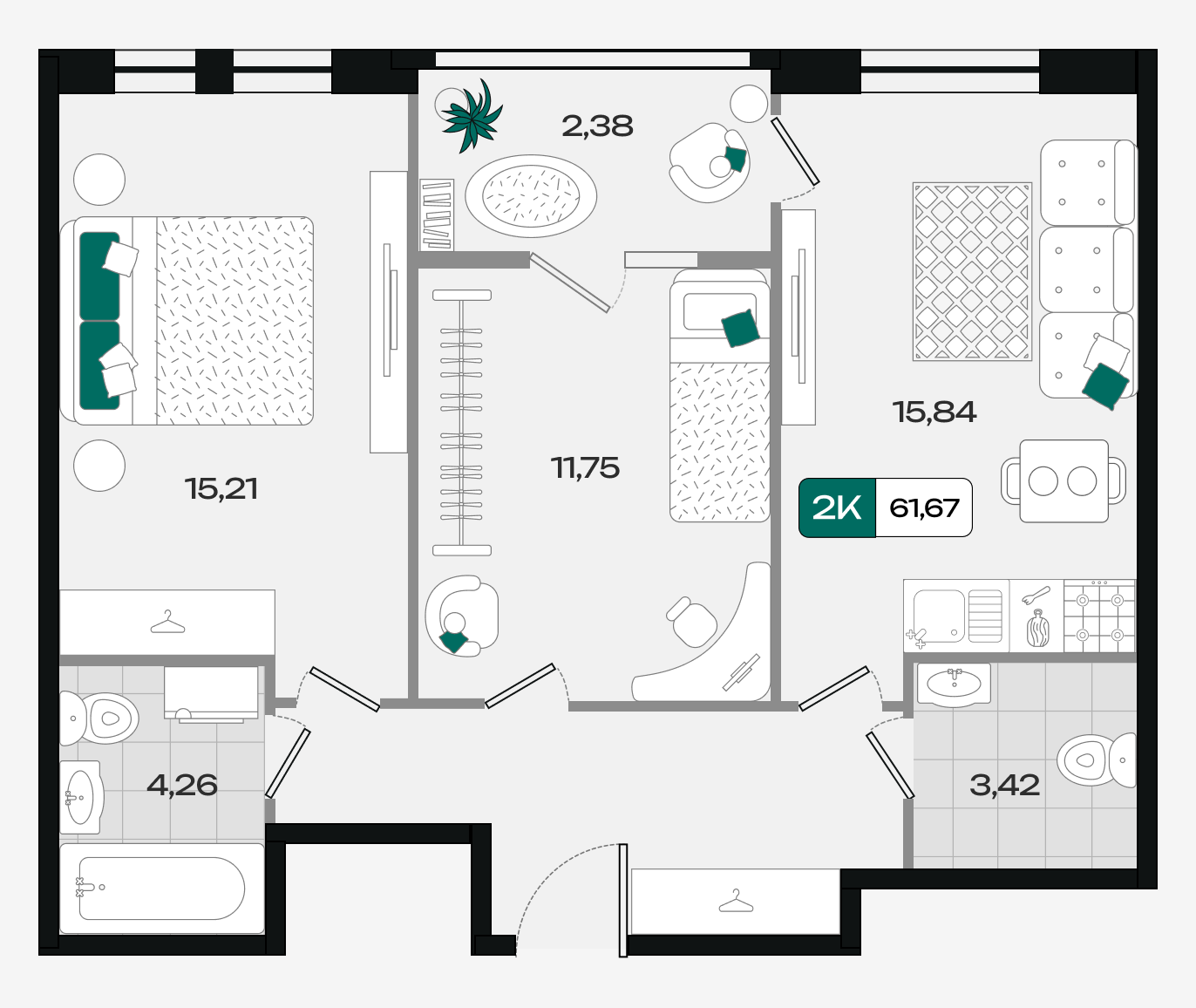 Планировка: 2-комн. квартира 61,7 м²
