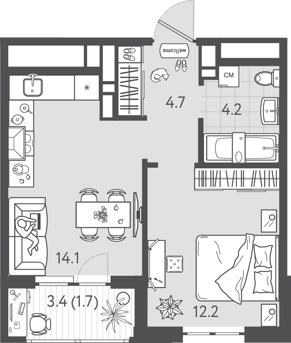 Планировка 1-комнатная 36,85 м²