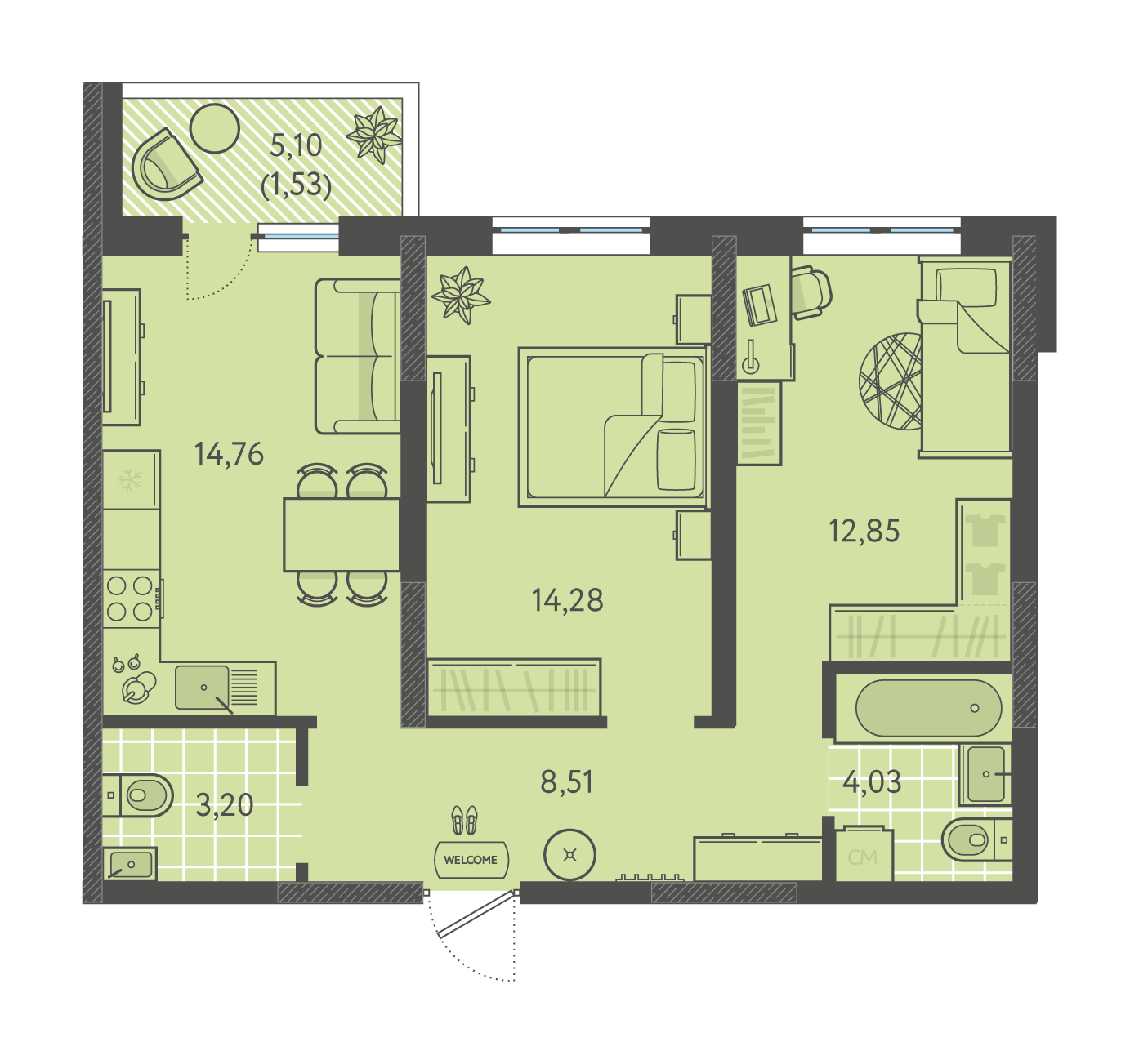 Планировка: 2-комн. квартира 59,2 м²