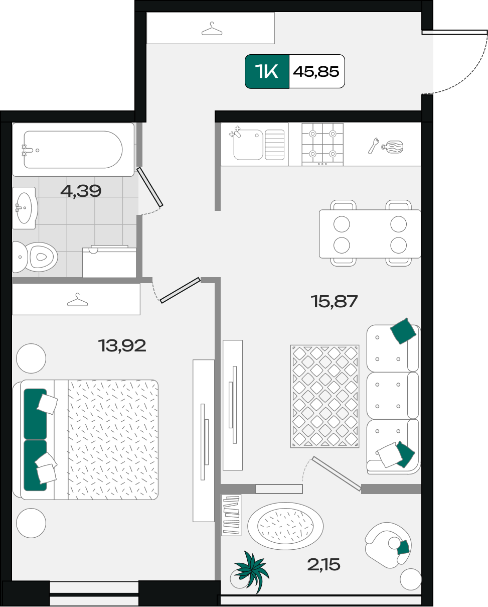 Планировка: 1-комн. квартира 45,9 м²