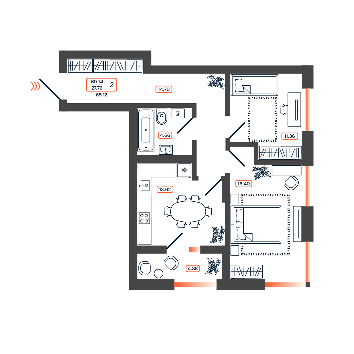 Планировка: 2-комн. квартира 65,1 м²
