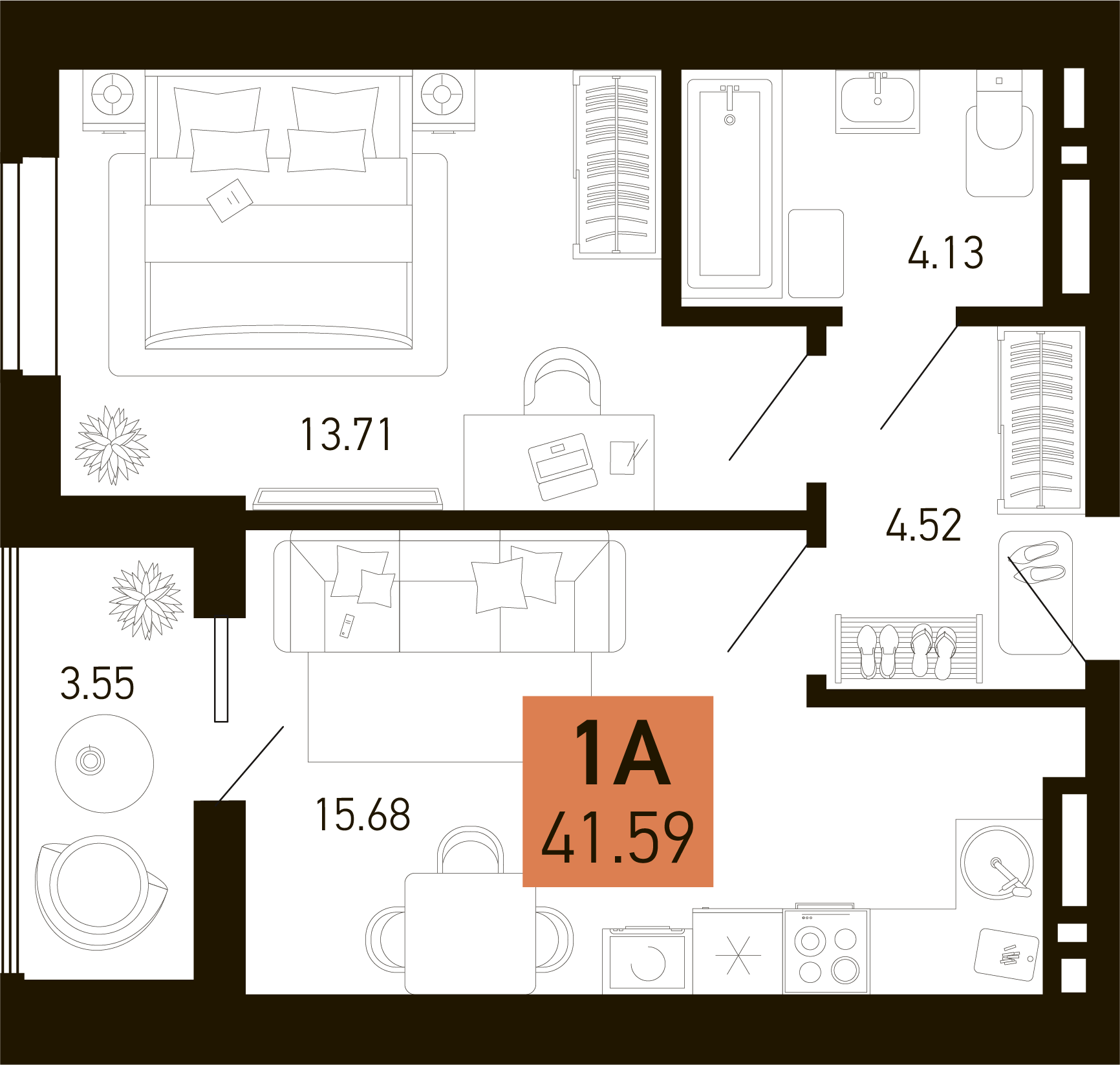 Планировка 1-комнатная 41,59 м²