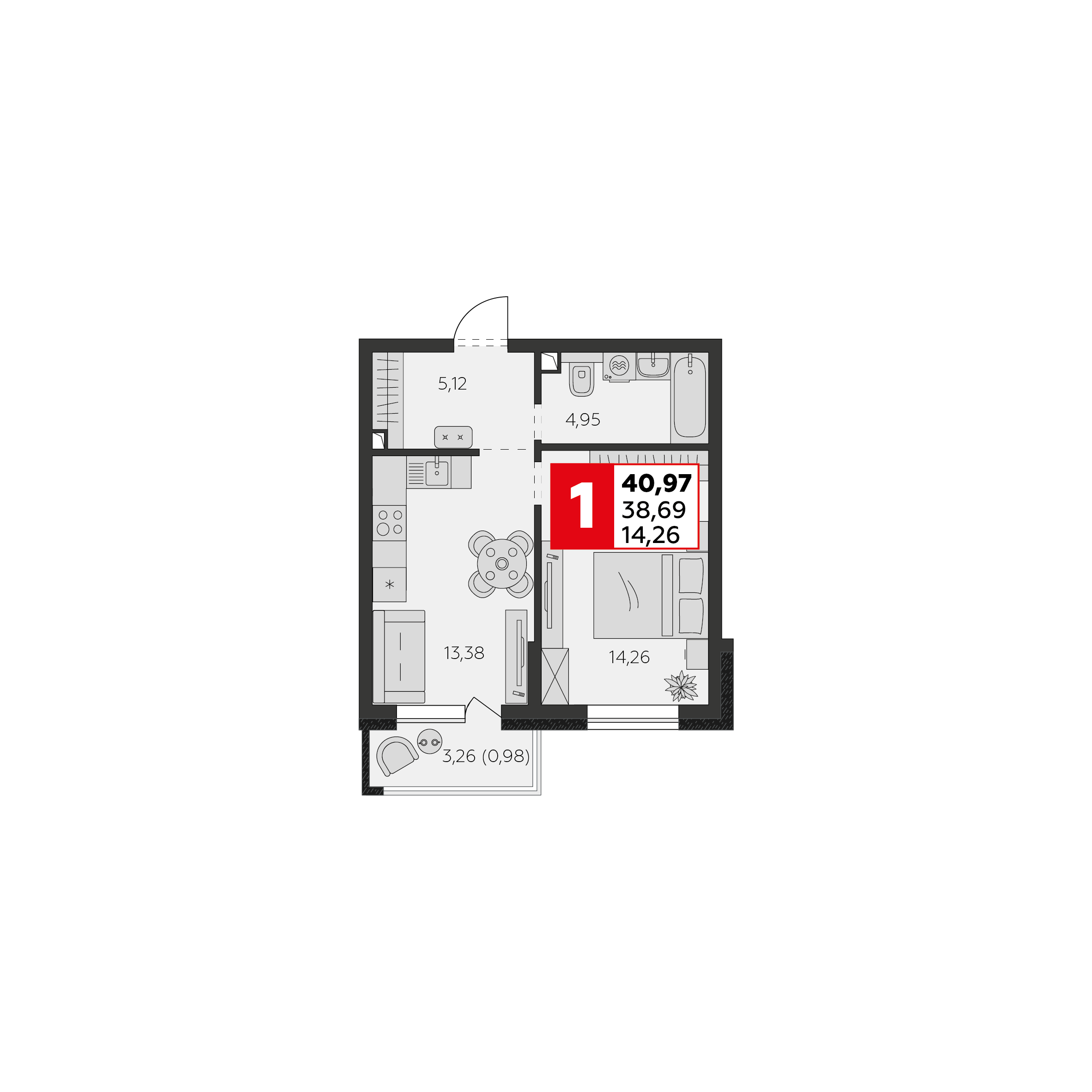 Планировка: 1-комн. квартира 38,7 м²