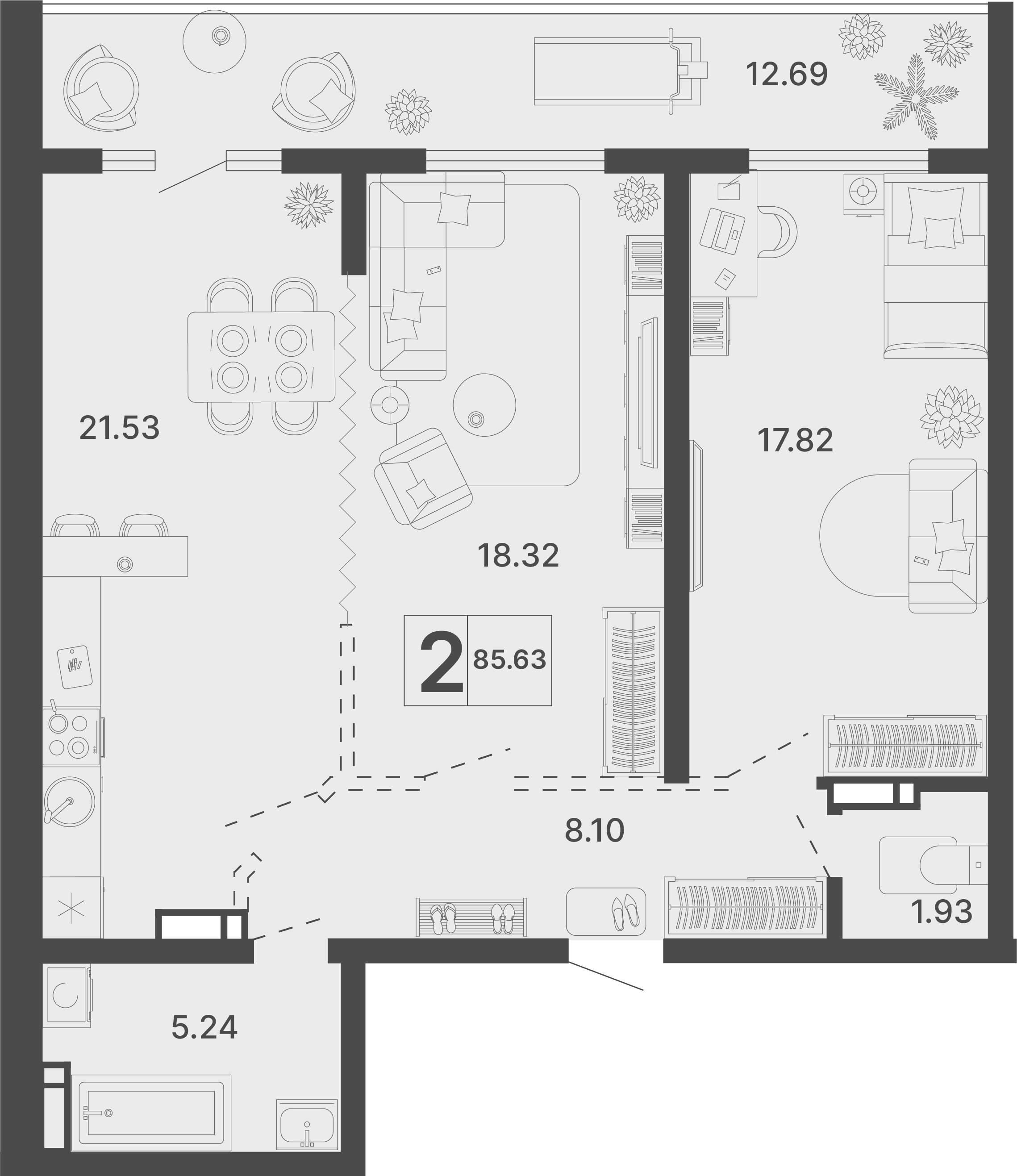 Планировка 2-комнатная 85,63 м²