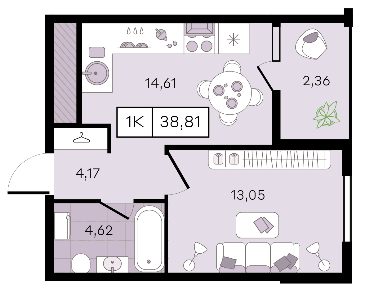 Планировка: 1-комн. квартира 38,8 м²