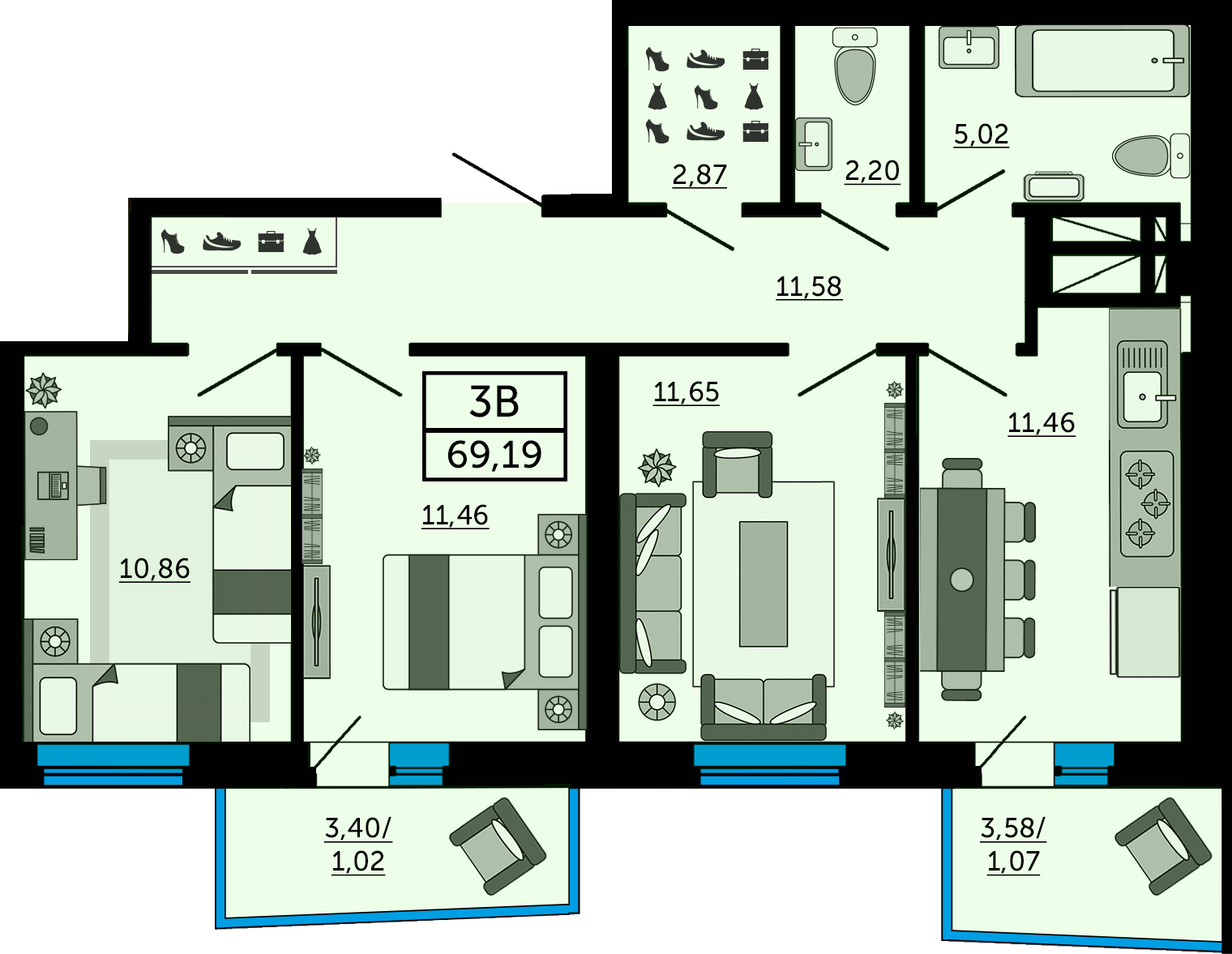 Планировка 3-комнатная 69,6 м²