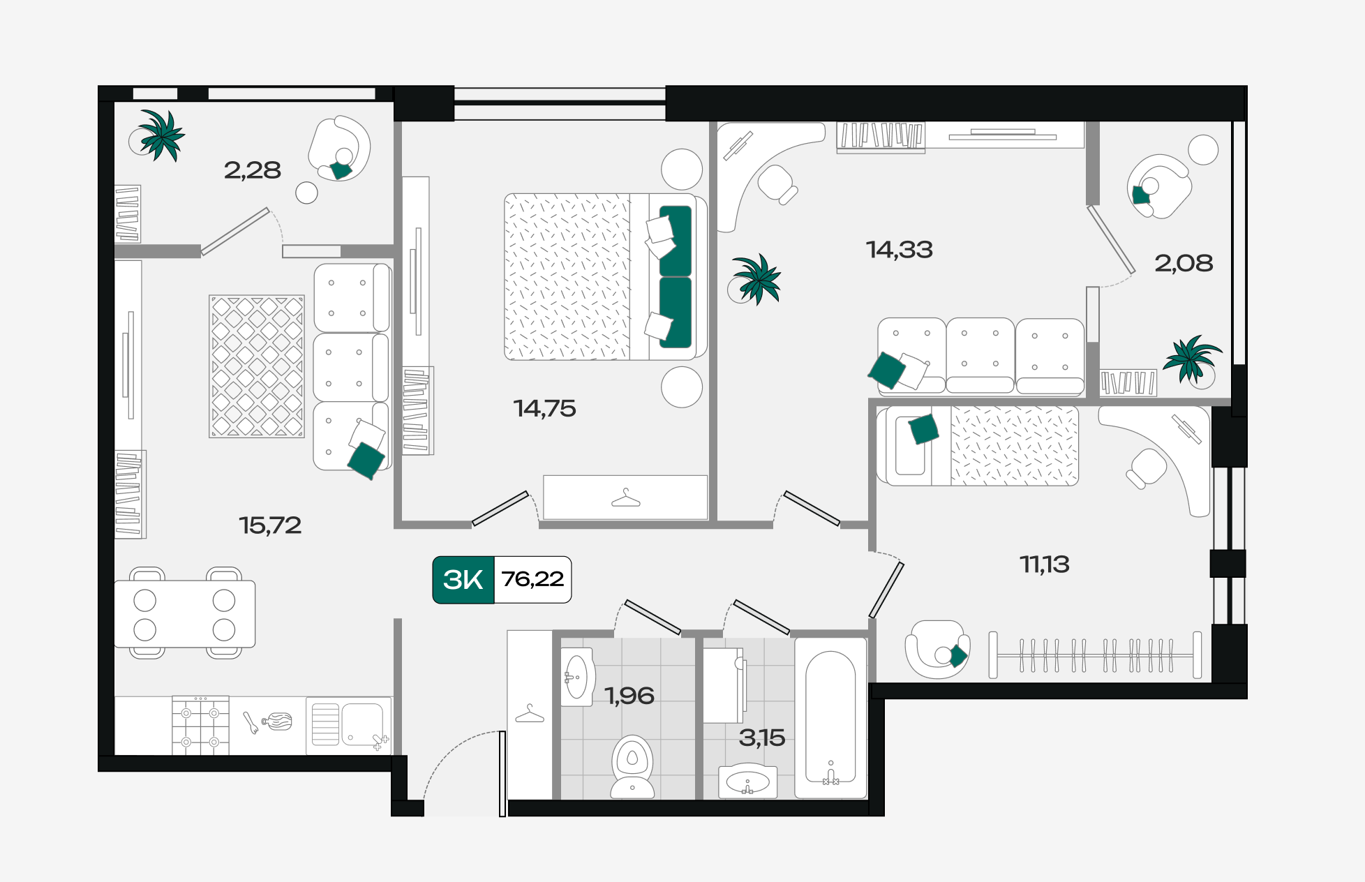 Планировка 3-комнатная 76,22 м²
