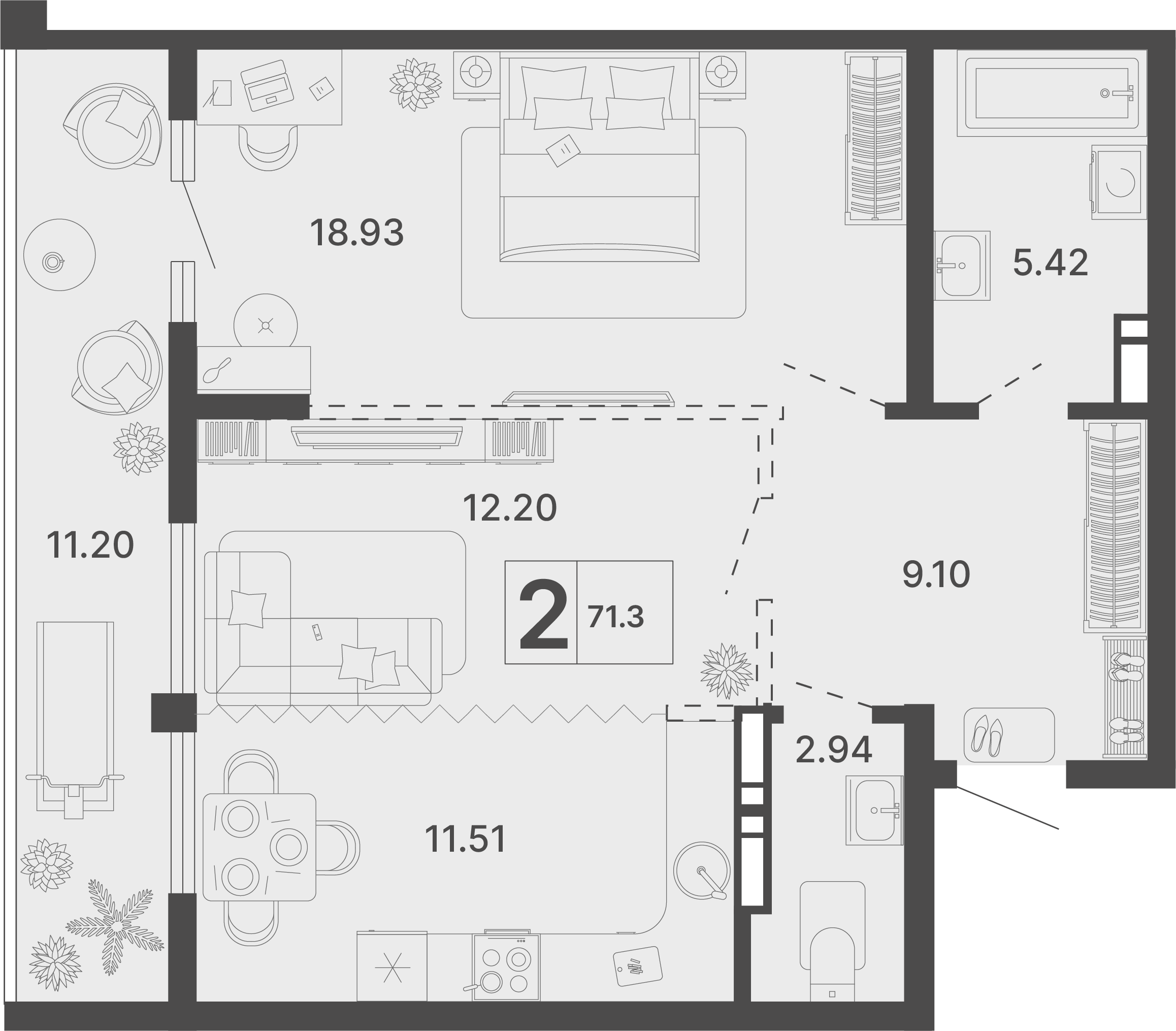 Планировка 2-комнатная 71,3 м²