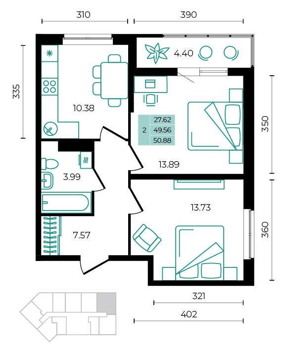 Планировка: 2-комн. квартира 50,9 м²