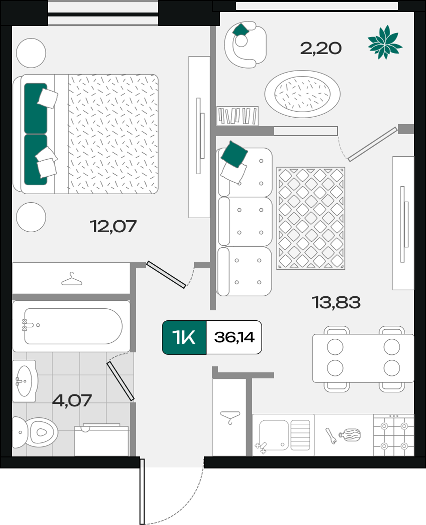 Планировка: 1-комн. квартира 36,1 м²