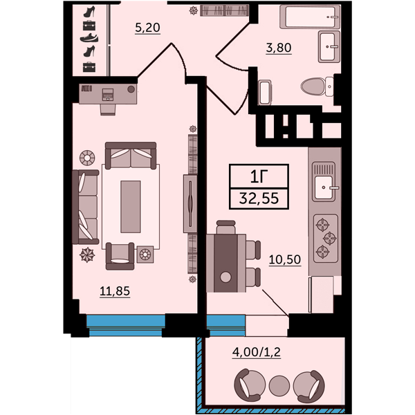 Планировка 1-комнатная 33,4 м²
