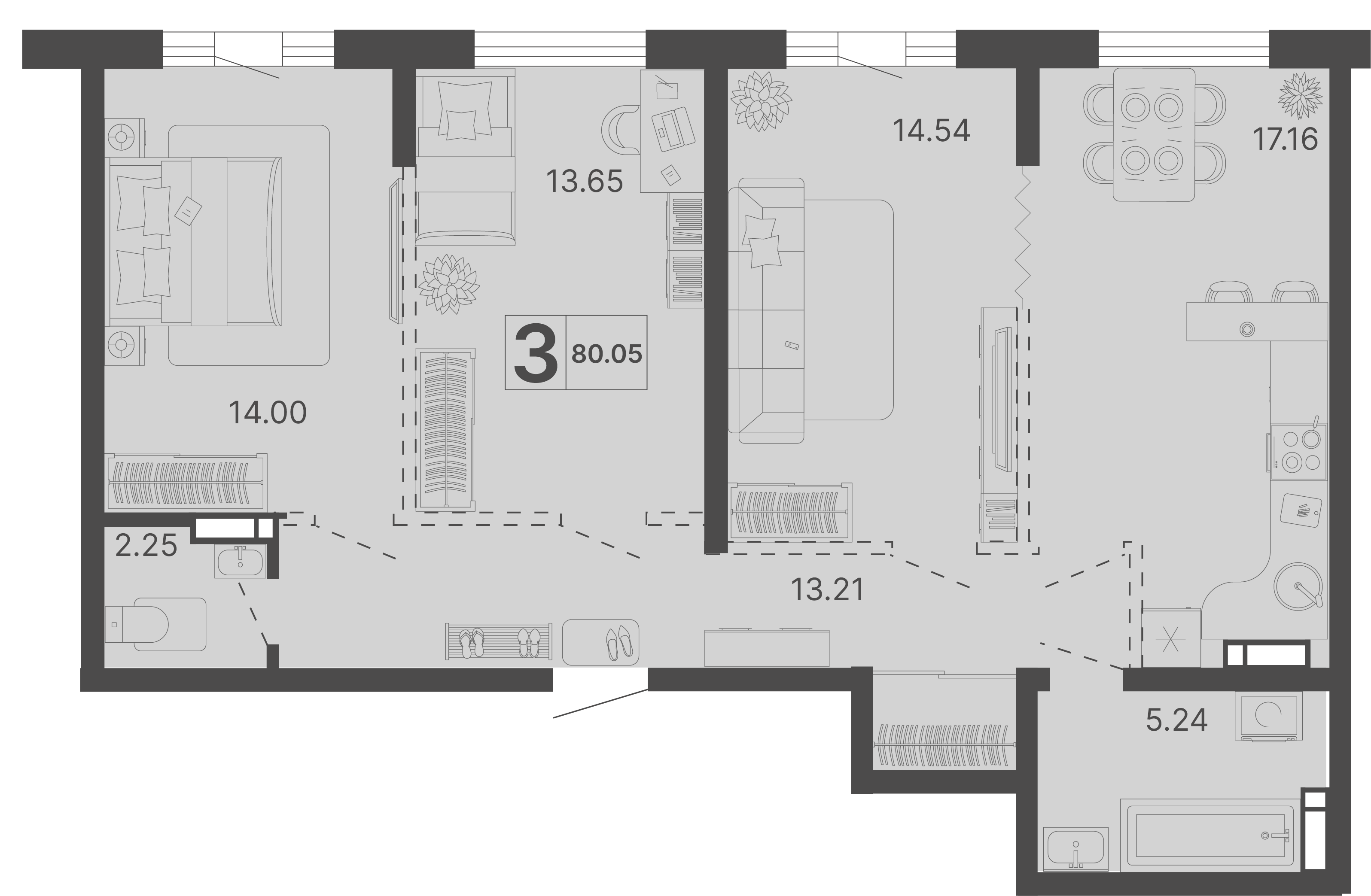 Планировка 3-комнатная 80,05 м²