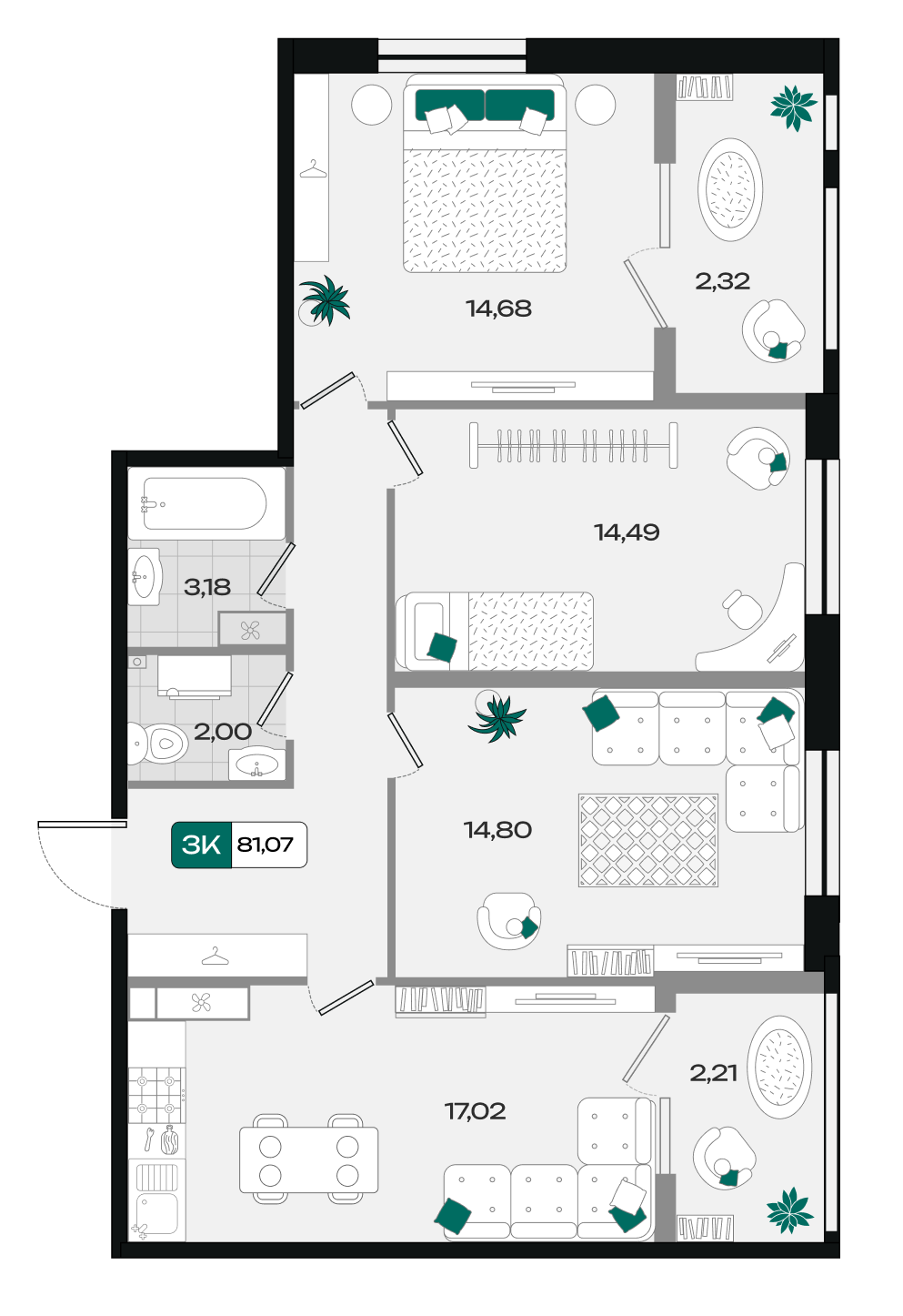 Планировка 3-комнатная 81,07 м²