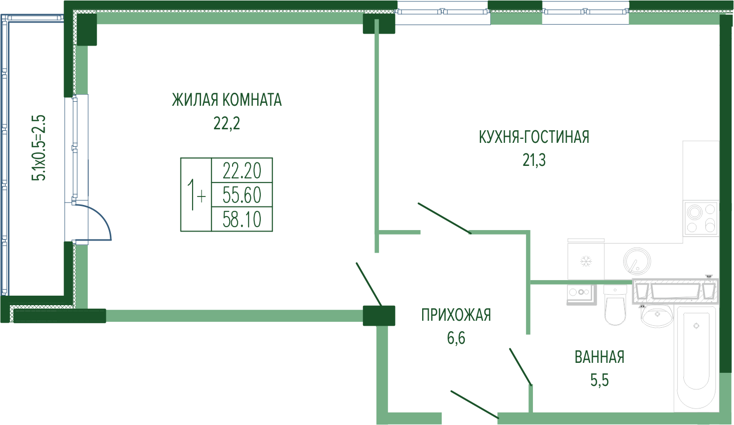 Планировка 1-комнатная 58,1 м²