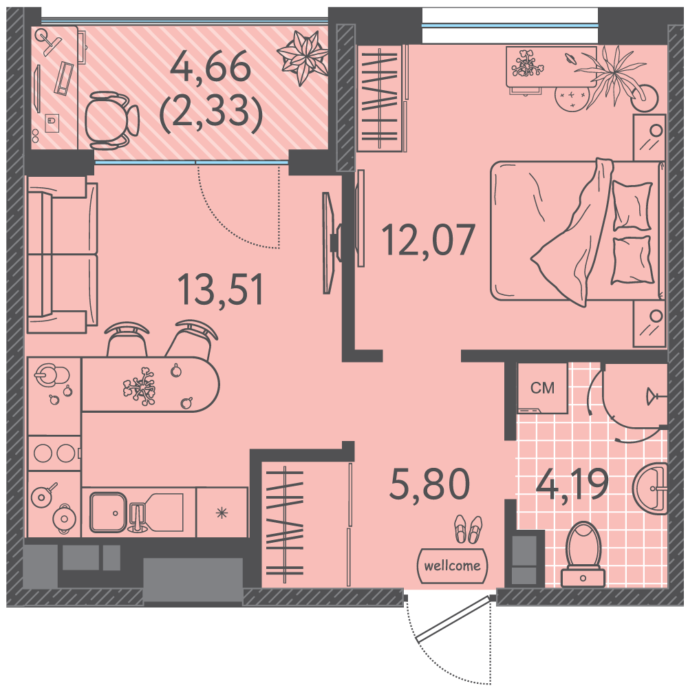 Планировка: 1-комн. квартира 36,9 м²