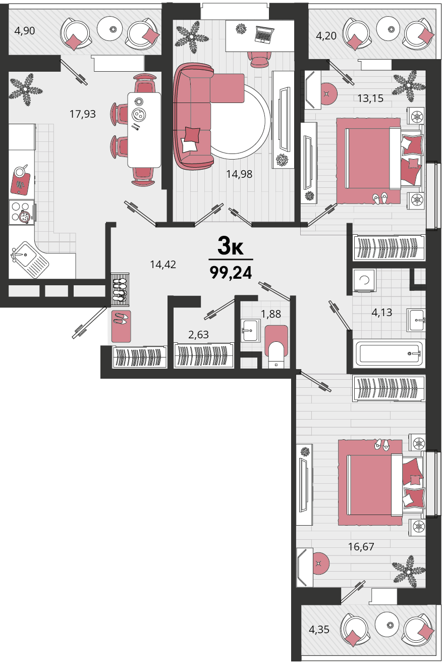 Планировка 3-комнатная 96,7 м²
