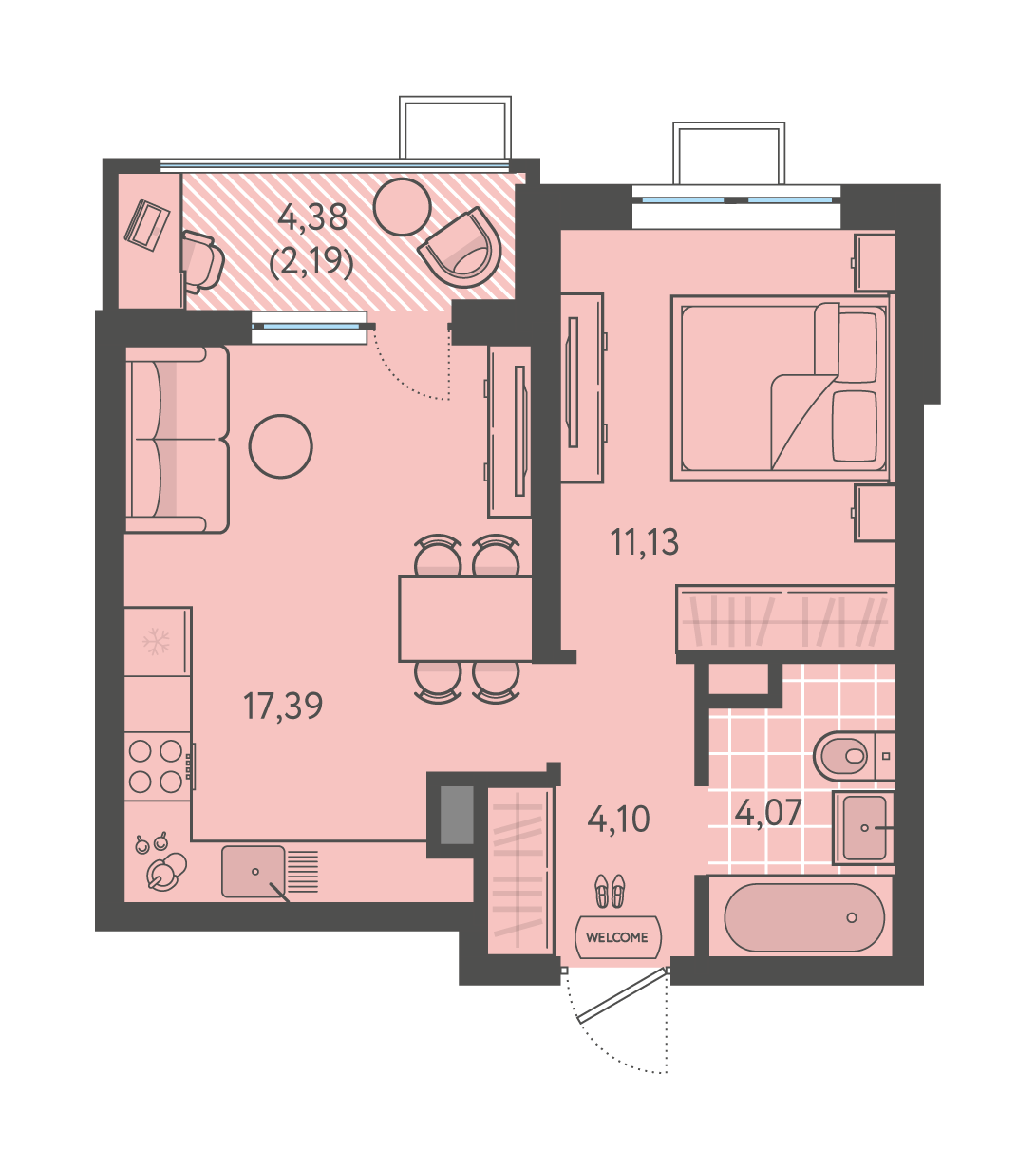 Планировка: 1-комн. квартира 38,9 м²