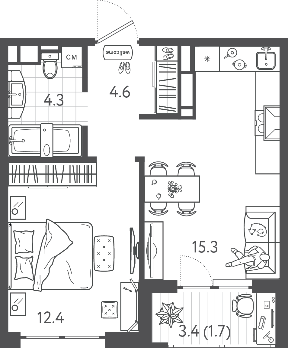 Планировка 1-комнатная 38,1 м²