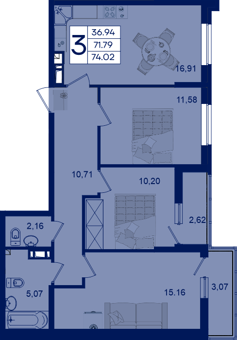 Планировка 3-комнатная 74,02 м²