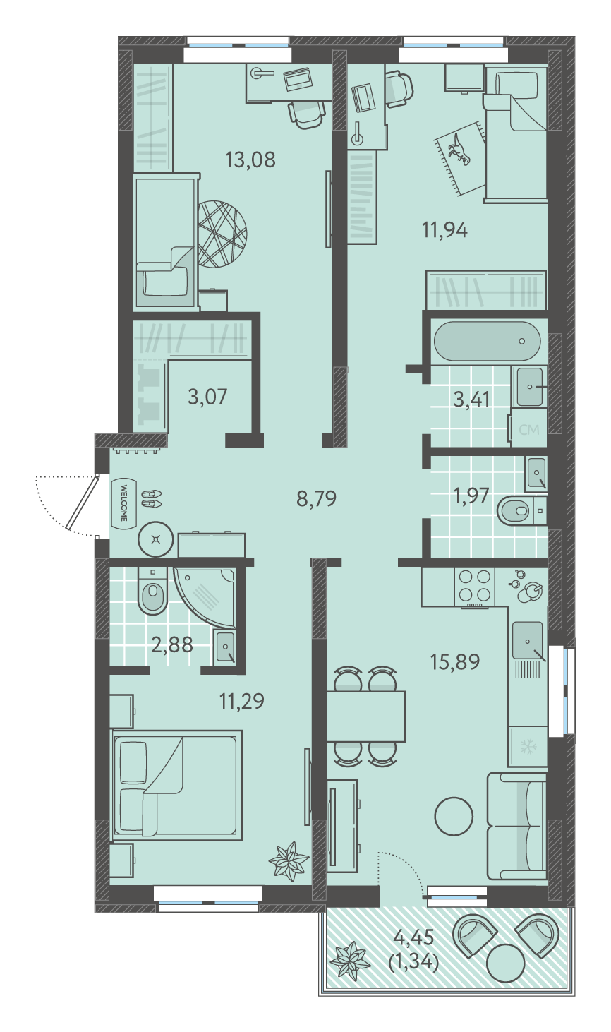 Планировка 3-комнатная 73,02 м²
