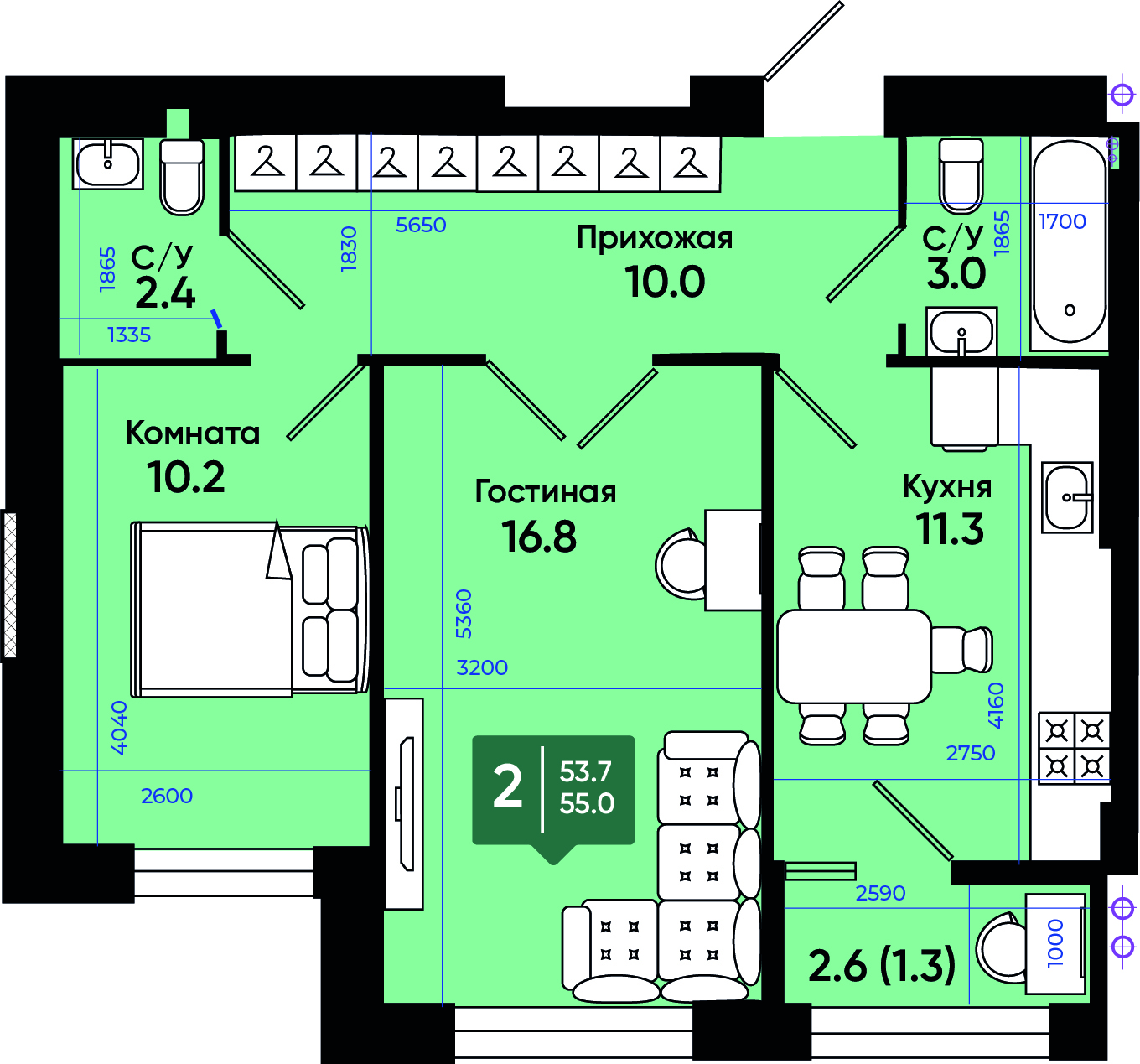 Планировка: 2-комн. квартира 55,5 м²