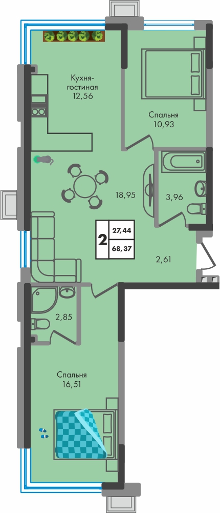 Планировка: 2-комн. квартира 68,4 м²
