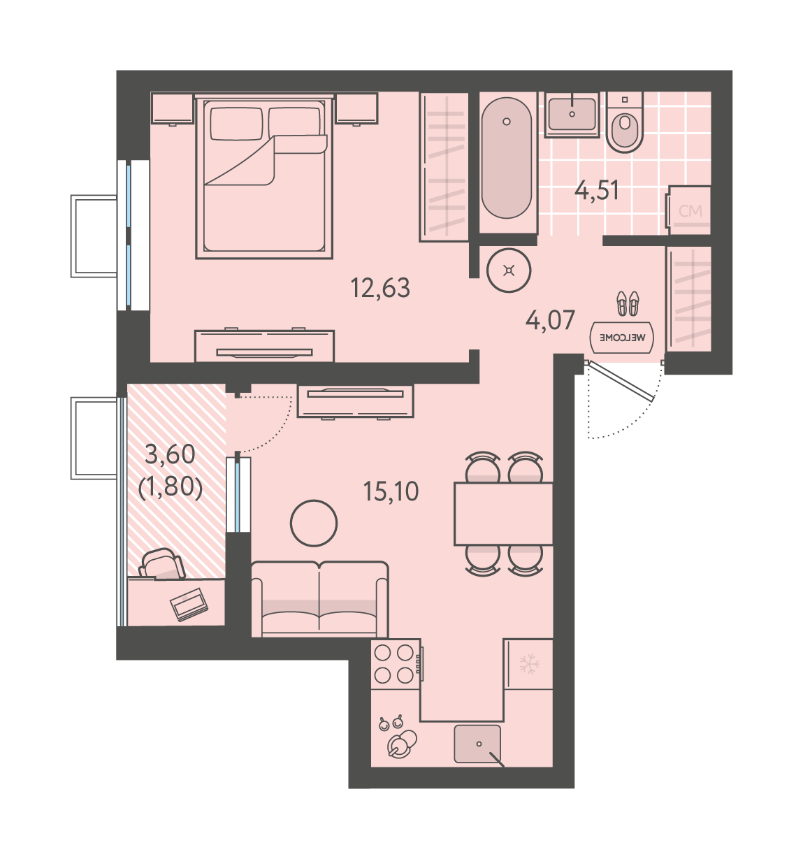 Планировка: 1-комн. квартира 38,1 м²