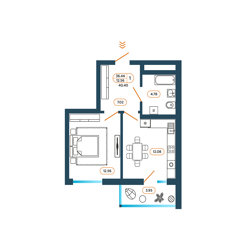 Планировка: 1-комн. квартира 41,5 м²