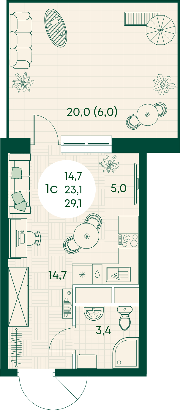 Планировка Студия 29,1 м²