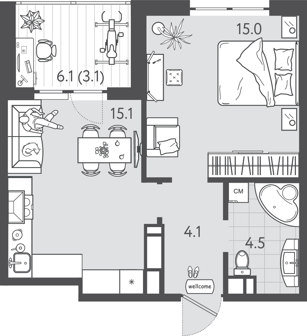 Планировка: 1-комн. квартира 41,4 м²