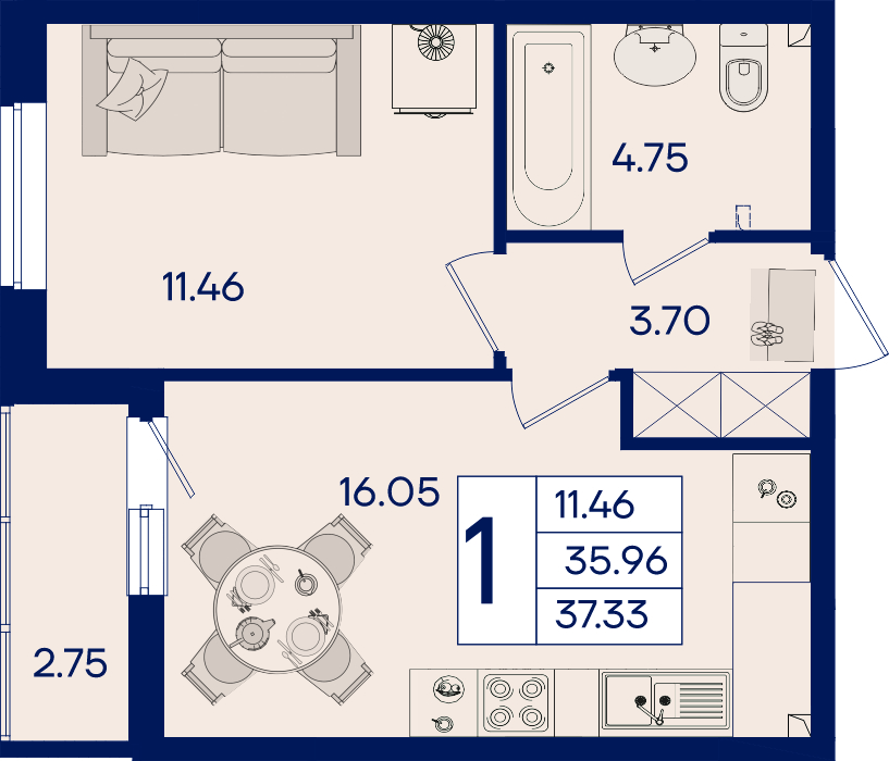 Планировка 1-комнатная 37,33 м²