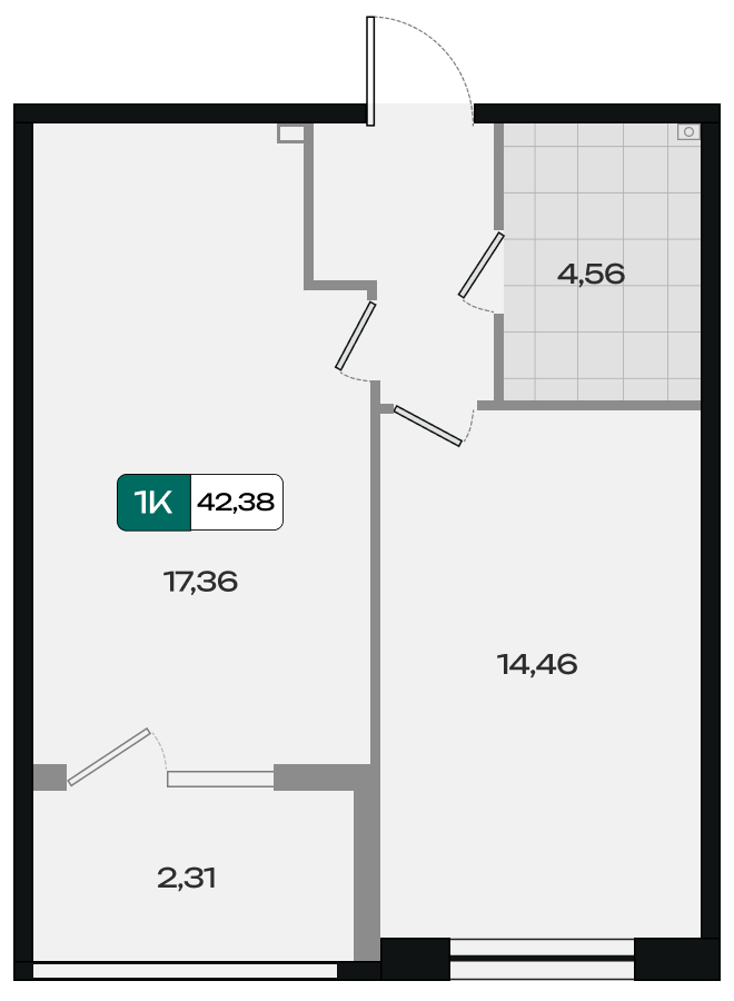 Планировка: 1-комн. квартира 42,4 м²